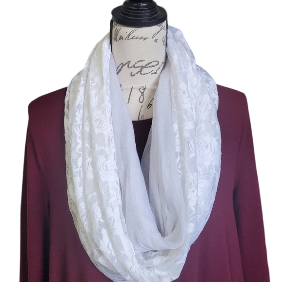 Women's Infinity Scarf White Floral Lace Lightweight All Season Scarf - Picture 12 of 12